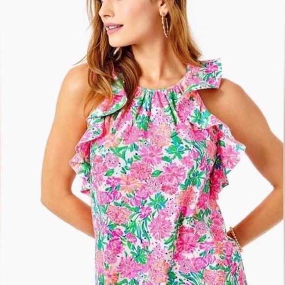 Lilly Pulitzer Tops - Lilly Pulitzer Pink Green Floral Ruffle Sleeveless Blouse